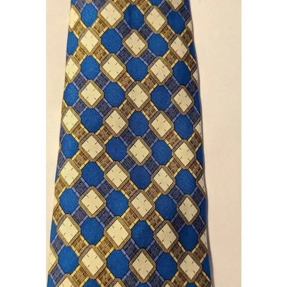 Piaget Silk Vintage 100% Silk Blue Gold Geometric Design Neck Tie - Picture 7 of 16